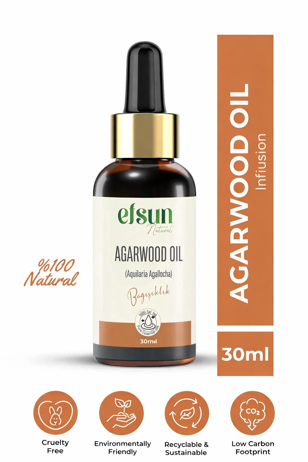 Efsun Natural Agarwood Oil 30ml amber glass dropper bottle