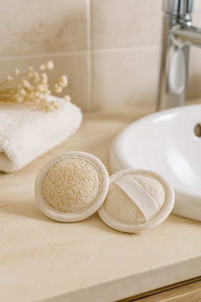 Round loofah face scrub pad with hand strap for gentle exfoliation