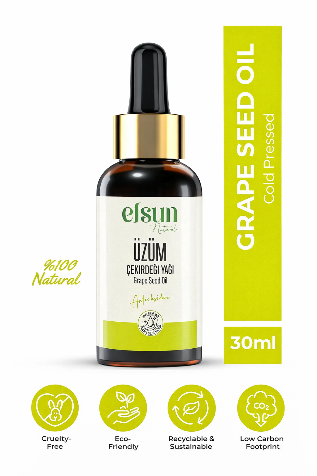 Efsun Natural Grape Seed Oil 30ml amber glass bottle