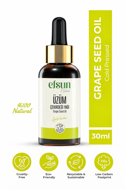 Efsun Natural Grape Seed Oil 30ml amber glass bottle