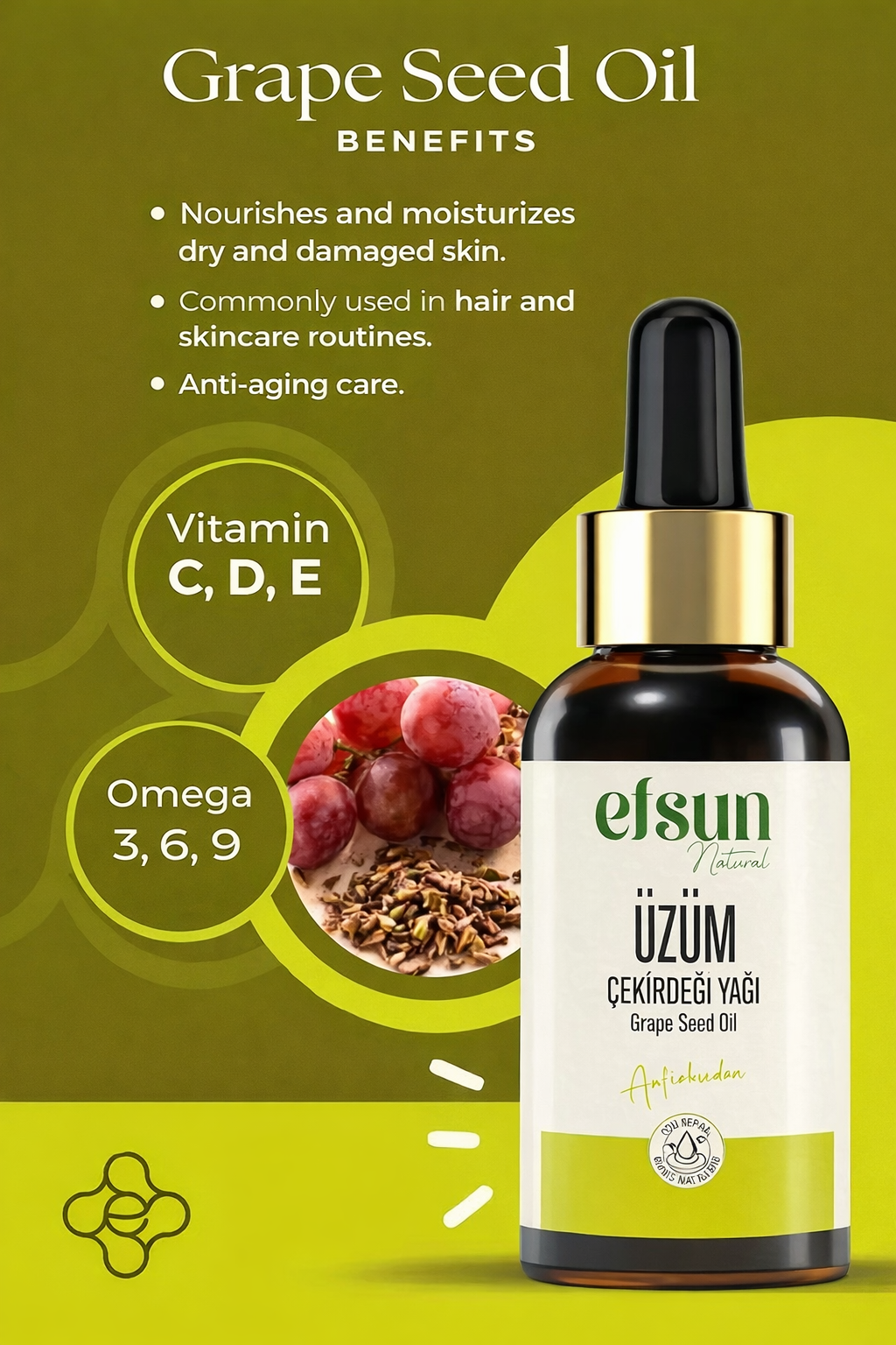 Cold-pressed grape seed oil for radiant skin