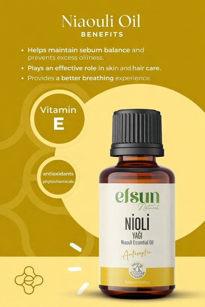 Nioli Essential Oil benefits infographic showing skin balance and aromatherapy use