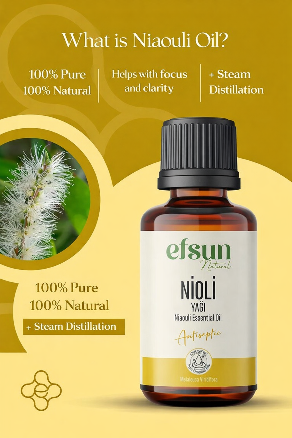 Nioli Essential Oil usage areas including aromatherapy and scalp care