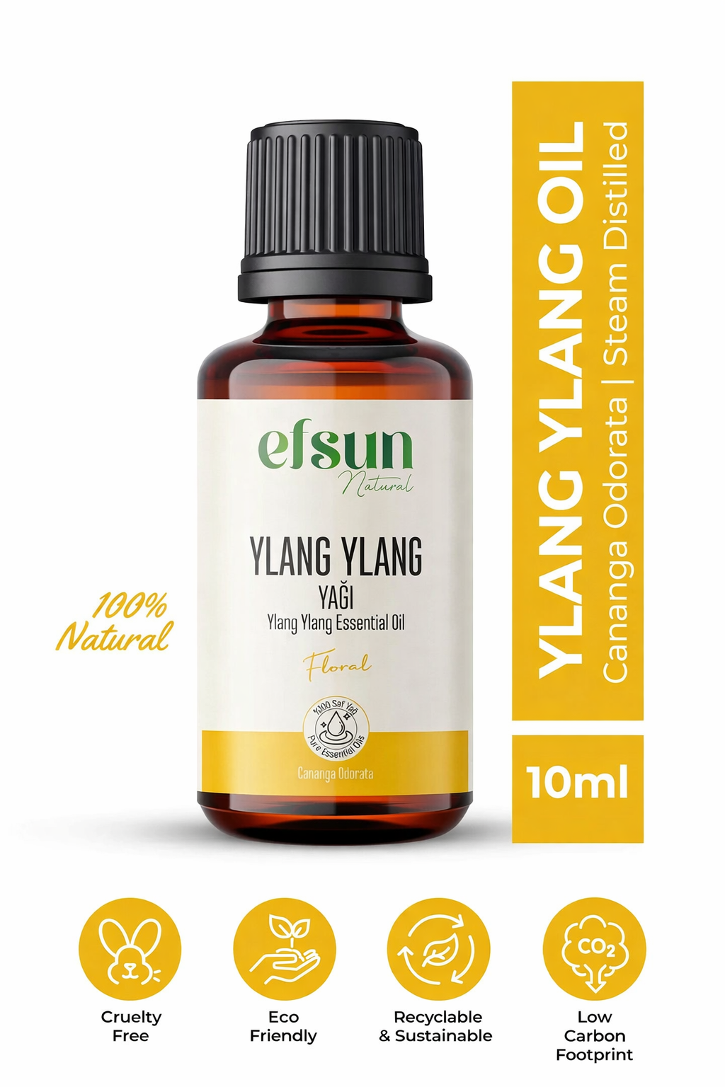 Efsun Natural 100% Pure Ylang Ylang Essential Oil 10ml in amber glass bottle for aromatherapy, skin and hair care