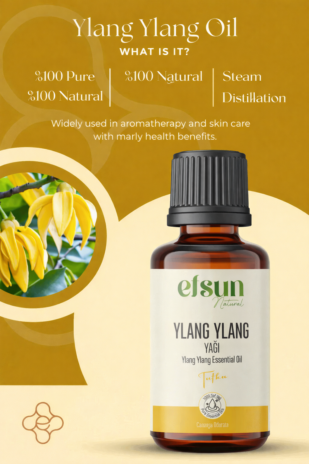 Efsun Natural Ylang Ylang oil for aromatherapy diffuser, relaxation and stress relief – 10ml amber bottle